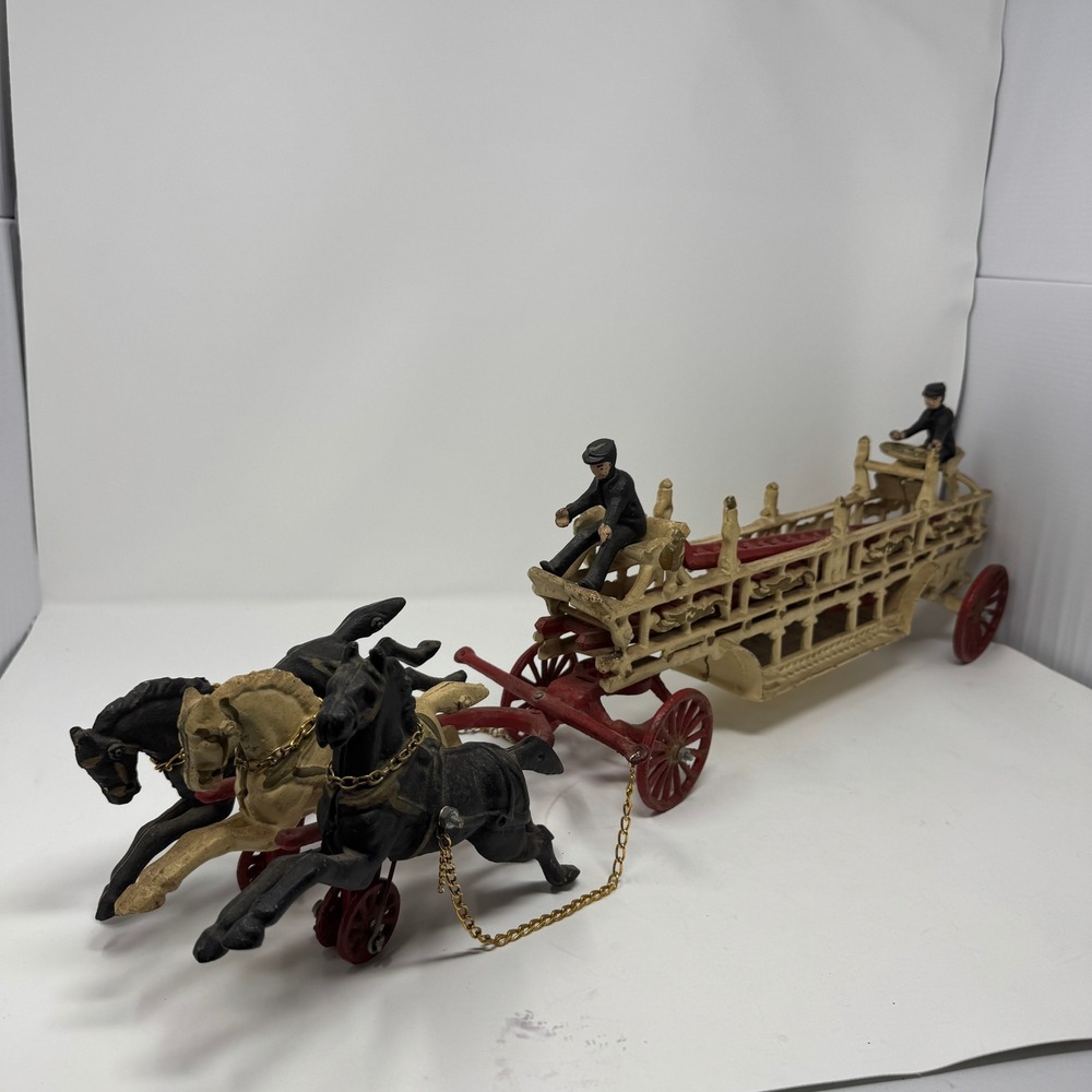 Vintage Cast Iron Horse Drawn Fire Ladder Wagon Toy Red White Black Preowned